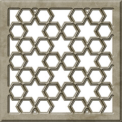 Mashrabiya arabic window frame. Arabesque 3d grill pattern. Islamic geometry made of star and hexagon shape. Decorative lattice background. Artistic metal casting Isolated illustration - 728350717