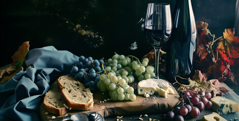 wine and food with grapes, cheese and bread, in the style of dark sky blue and dark maroon - obrazy, fototapety, plakaty