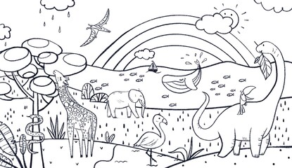 Colouring book for children. Many different animals: snake, giraffe, flamingo, whale, toucan, dinosaur. 