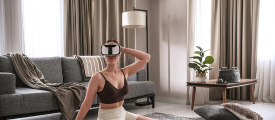 Workout fit vr,Fitness vr home ,VR fit.Girl doing fitness in VR glasses ,virtual reality exercise, immersive workout,VR sports,virtual gym,spatial computing, augmented reality helmet, AR headset