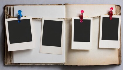 a vintage book page with blank photo frames attached with paper clips