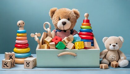 toy box full of baby kid toys container with teddy bear wooden rattles stacking pyramid and wood blocks on light blue background cute toys collection for small children donatation front view