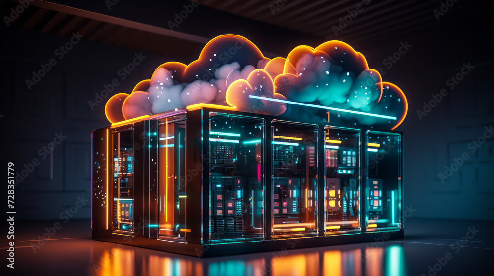 Poster conceptual visualization of cloud computing with neon cloud design and server rack, highlighting dat