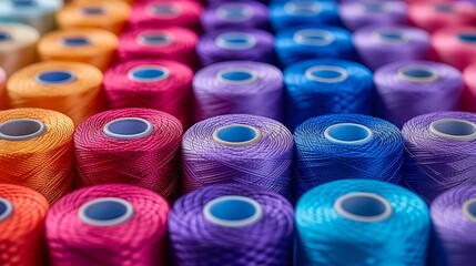 Colorful cotton threads on tailor textile fabric background with sewing threads of various colors