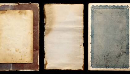 set collection of three stained grungy vintage antique paper sheets with ripped borders retro book page backgrounds textures or collage design elements over transparency