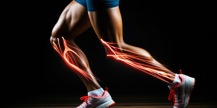 Athletic runner's legs mid stride with glowing red lines highlighting muscles and movement on a dark background