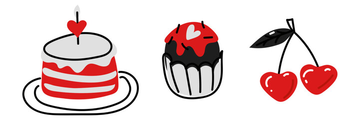 Set of cake, muffin, cherry. Sketches of doodle cupcakes with hearts. Baked dessert for a Valentine's Day party. Objects drawn by hand. Linear sketch of the battery. With love doodle flat illustration