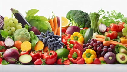 wide collage of fresh fruits and vegetables for layout on white background