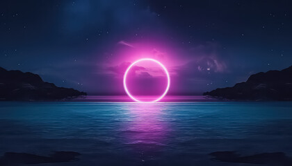 Circle sunset in the water in neon color ,spring concept