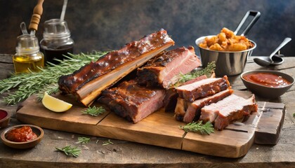 chopping board with smoked beef brisket ribs classic texas bbq
