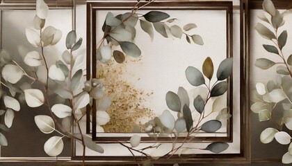 framed eucalyptus leaves watercolor brown