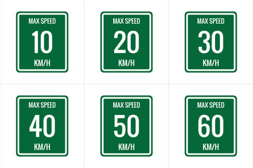 Maximum Speed limit sign 10 kmh, 20, 30, 40, 50, 60 Kmh, sign icon on white background vector illustration.