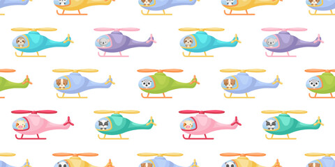 Cute little animals fly on helicopter seamless childish pattern. Funny cartoon animal character for fabric, wrapping, textile, wallpaper, apparel. Vector illustration