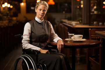 disabled woman waitress in a restaurant