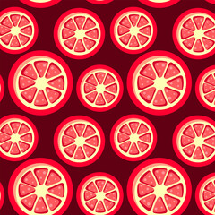 Seamless pattern of grapefruit slices on dark red background. Vector flat illustration