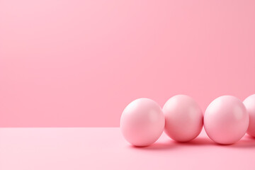 Fototapeta premium Pink eggs on a pink background, minimalistic Easter background, copy space, side view