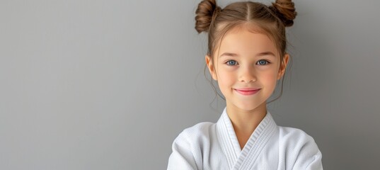 Smiling european girl at judo or karate training, looking away with space for text