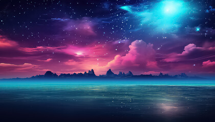 A magical night on the beach overlooking space in neon color ,spring concept