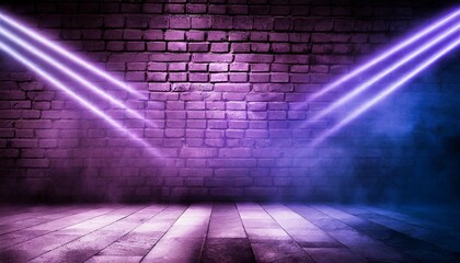 background of empty brick wall concrete floor neon light sear
