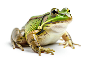 Fototapeta premium A detailed close-up image of a vibrant green frog. The large, golden eyes and diverse skin textures are prominently visible against a white background.