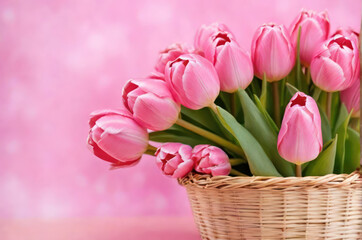 pink tulips in basket for mother's day