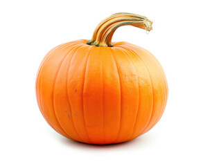 Obraz premium A ripe, vibrant orange pumpkin with a curvy stem, isolated on a clean white background. Ideal for fall or Halloween-themed content.