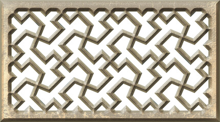 Mashrabiya arabesque lattice pattern. Islamic frame window with grill ornament. Arabic silver metal decorative cast panel. 3d illustration isolated on white background - 728353710