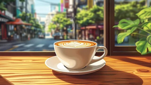 Caffee latte in morning at the cafe. seamless loop 4k time-lapse animated video background