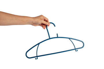 Plastic clothes hanger in hand isolated on transparent background 