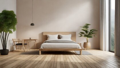 minimal bedroom wall mock up with wooden side table on wooden floor 3d