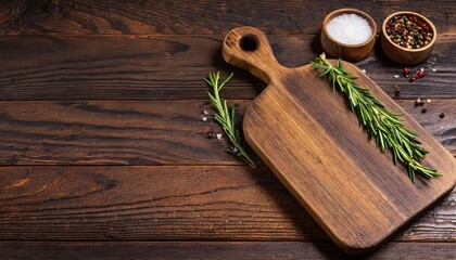 chopping board on dark wooden table rosemary pepper salt copy space