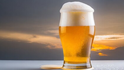 glass of fresh beer with cap of foam on white backgroun