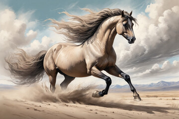 A color chalk sketch of a majestic horse rearing up in a vast, open landscape