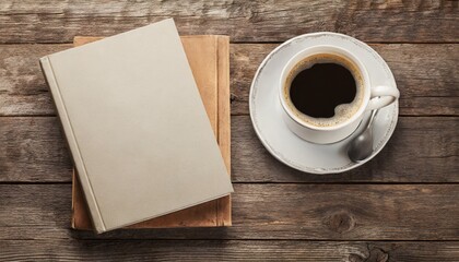 Obraz na płótnie Canvas blank closed book and coffee cup on vintage wooden background responsive design template