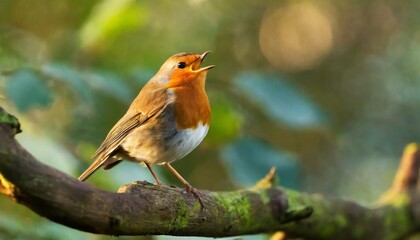 Fototapeta premium robin erithacus rubecula singing on branch bird in family turdidae with beak open in profile making evening song in parkland in uk