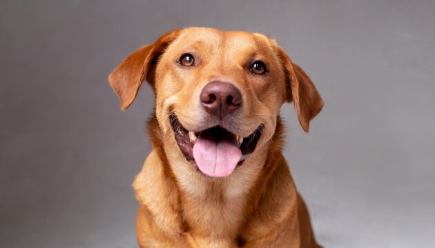 cute brown dog that smiles background close up indoors studio photo day light concept of care education obedience training and raising pets