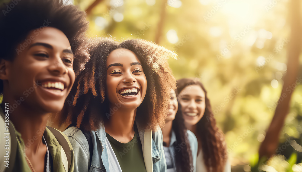 Wall mural group of happy students in the park , black history month