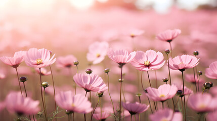 There are many pink flowers in a field with the sun shining,,
Beautiful spring purple cosmos flowers in green garden background - lovely nature in spring season concept Free Photo

