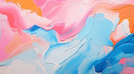 an abstract painting with orange, blue and pink paint