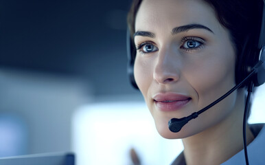 Woman operator talking with headset on desk at work. Call center. 