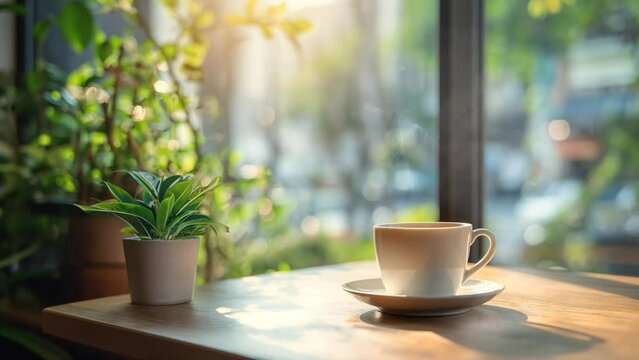 A warm cup of coffee at the window with the morning vibes. seamless looping 4k time-lapse animation video background
