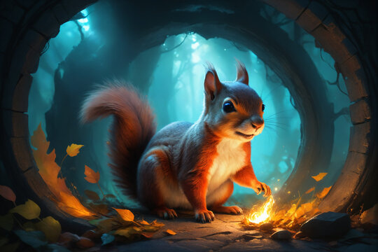 An illustration of a squirrel emerging from a portal of another dimension, transporting the viewer into a surreal and fantastical world