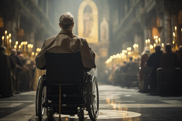 rear view of a priest sitting in a wheelchair in the temple