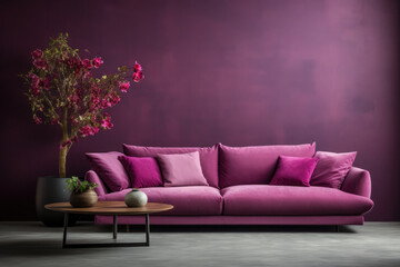 Modern purple sofa with pillows against a background of a purple wall and a pot with a large flower