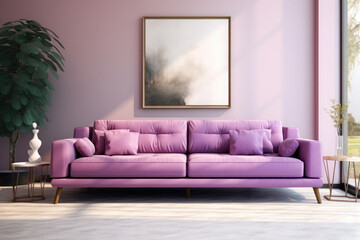 A beautiful modern purple sofa by the window and a beautiful large flower. An painting hangs above the sofa. Copy space