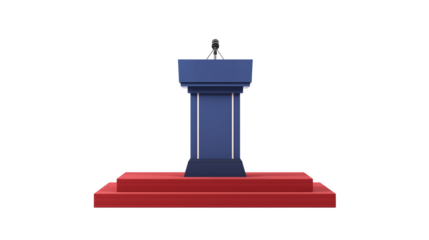 Empty blue podium with a microphone against a transparent background, symbolizing public speaking, conferences, or political events