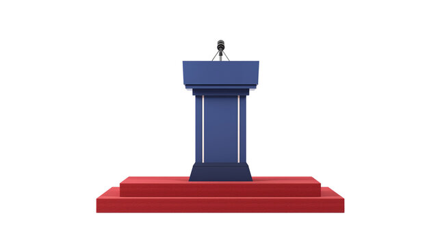 Empty blue podium with a microphone against a transparent background, symbolizing public speaking, conferences, or political events