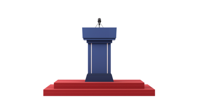 Empty blue podium with a microphone against a transparent background, symbolizing public speaking, conferences, or political events