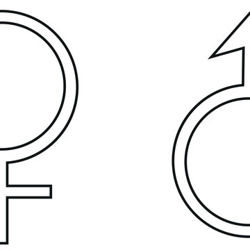 minimalist poster with gender icons, namely the female gender symbol and the male gender symbol drawn in black outlines with halves on both sides of the background