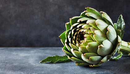 Fototapeta premium Artichoke close-up. Dark background, copyspace